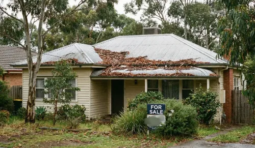 A house with debris filling the gutter, impacting it's ability to be sold
